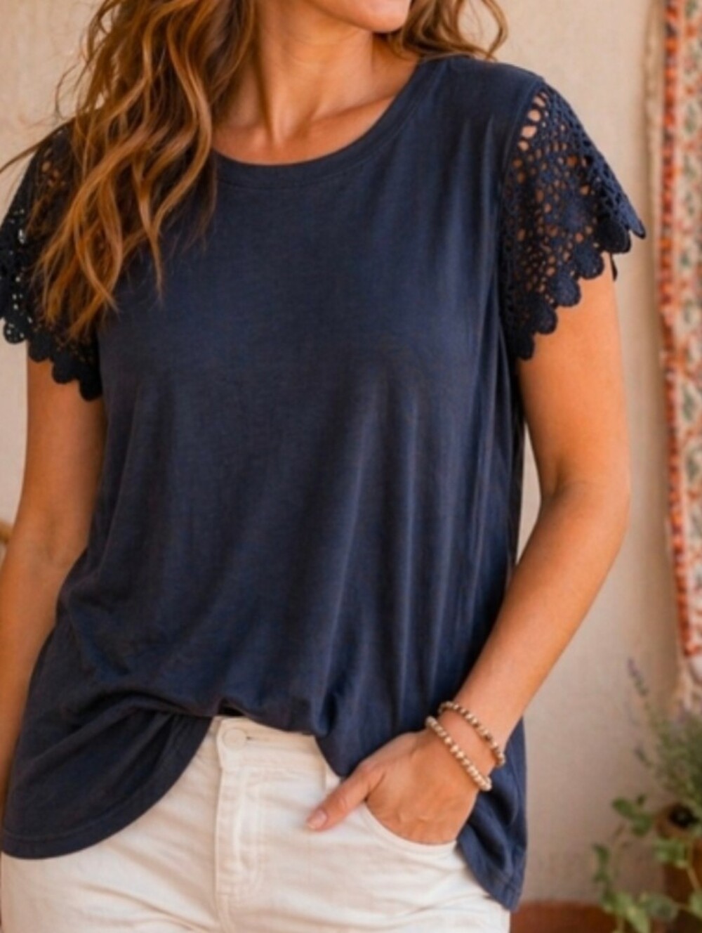 Crochet Sleeves | C & C California | Women's Medium | Dark Indigo | NWOT